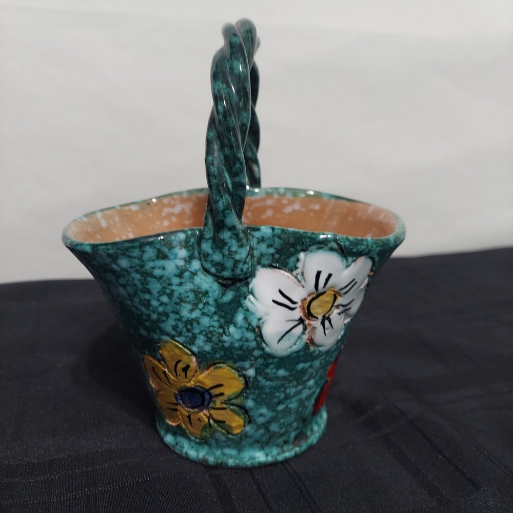 Ceramic Flower Pot Basket With Handle‎ Hand Painted Made In Italy 6"